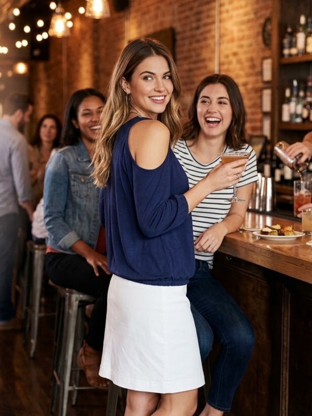 Navy Cold-Shoulder Long Sleeve Top